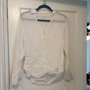 H&M linen blend White tie front long Sleeve Button Down Shirt with Collar